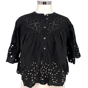 Madewell Embroidered Shirred Short Sleeve Cotton Blouse Black Size XS NWT
